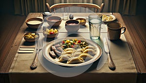 Hearty Breakfast Spread on a Rustic Wooden Table with Traditional Dishes