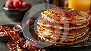 Hearty Brunch Spread with Pancakes and Bacon photo