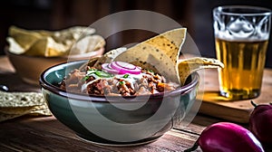 Hearty Chili Con Carne in Rustic Crockpot with Toppings