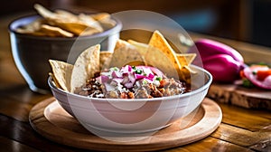 Hearty Chili Con Carne in Rustic Crockpot with Toppings