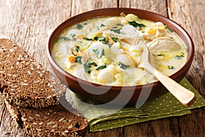 Hearty cream soup with gnocchi, chicken and spinach served with bread close-up in a bowl. horizontal