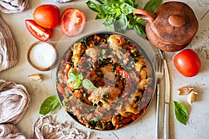 A hearty dinner dish: Baked chicken with vegetables and fresh herbs on a beautiful plate. View from above. Grilled