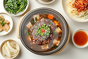 A hearty and flavorful Korean beef stew featuring tender beef vegetables and a rich fermented soybean soup broth The dish is photo