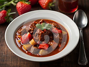 of a hearty goulash with pieces of tender meat and vegetables, served with strawberry jam.