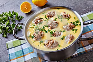 Hearty Greek Meatball Soup, close up