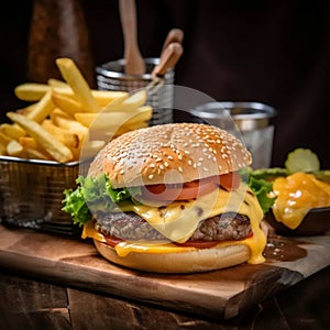 Hearty hamburger and fries