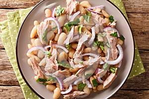 Hearty homemade salad with tuna, onions and white beans close-up in a plate. horizontal top view