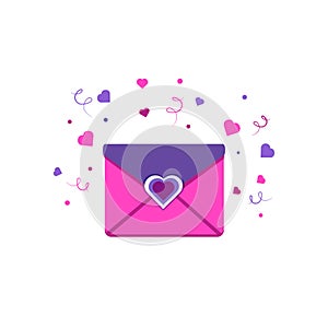 Valentines day. Mail icon with confetti, love message envelope in trendy veri pery color.