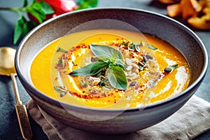 Hearty Pumpkin and Zucchini Cream Soup with Exquisite Garnish - Generative AI