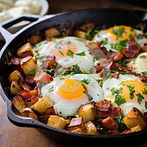 A hearty skillet breakfast featuring eggs, bacon, and potatoes, perfect for a fulfilling start to the day