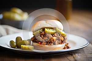 hearty sloppy joe on a dark rye bun, rustic look