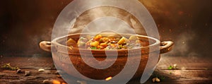 Hearty stew in a rustic clay pot on a wooden table with steam rising above