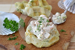 Hearty waffle with shrimp dip