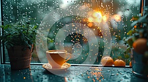 heat from a cup of coffee is seen through a window and rain drops