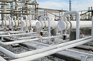 Heat exchangers in refineries. The equipment for oil refining. Heat exchanger for flammable liquids. The plant for the primary