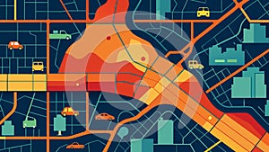 A heat map visualizing the most heavily trafficked roads in a city based on the number of vehicles passing through in a photo
