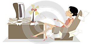 Heat in the office, woman, table fan and a cup of coffee or tea illustration