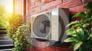 A heat pump hung on a brick wall of a building, Residential Heat Pump Air Conditioner photo