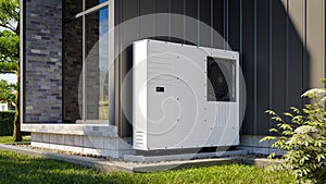 Heat pump installed at the wall of a single-family