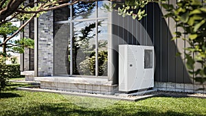 Heat pump installed at the wall of a single-family house