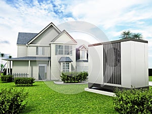 Heat pump in luxurious big house with a large garden. 3D illustration