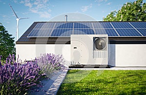 A heat pump with photovoltaic panels installed on the roof of a single-family house, along with a green roof covered in grass over