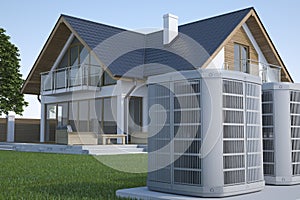 Air heat pump and house, 3d illustration