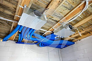 Heat recovery ventilation system installation in new house. air filtration