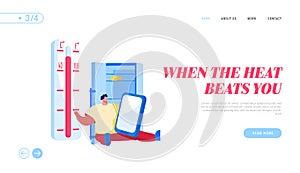 Heat Stroke, Extremal Heating Conditions Landing Page Template. Unhappy Male Character Sit at Home