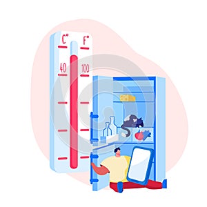 Heat Stroke, Extremal Heating Conditions. Unhappy Male Character Sweating Sitting at Home with Open Refrigerator