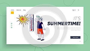 Heat Stroke Landing Page Template. Man Pouring Water from Bottle on Head Avoiding Fierce Heating Sun Rays