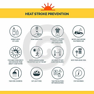 Heat stroke prevention icons set