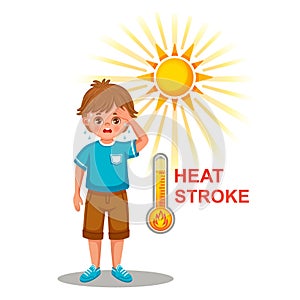 Heat stroke, sunstroke from hot summer sun. Sweating boy with heatstroke. Overheating, dehydration at high temperature. Vector