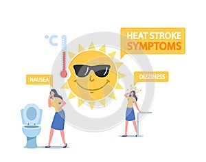 Heat Stroke Symptoms, High Temperature Concept. Female Characters Suffer of Sun with Nausea, Dizziness, Hot Weather