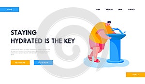 Heat, Summertime Weather Landing Page Template. Man Drinking Water on Street. Male Character Refresh