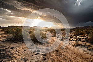 the heat of the sun beating down on a desert landscape, with storm clouds brewing in the distance