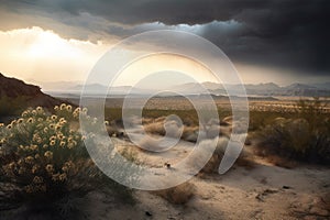 the heat of the sun beating down on a desert landscape, with storm clouds brewing in the distance