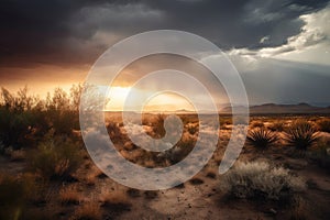 the heat of the sun beating down on a desert landscape, with storm clouds brewing in the distance