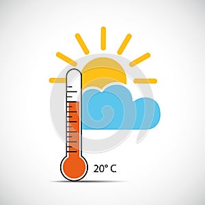 Heat thermometer icon 20 degrees sping weather with sunshine