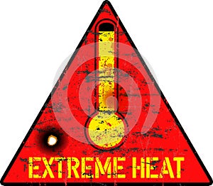 Heat warning sign with thermometer, grungy sytyle vector illustration, climate change,global warming concept