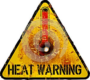 Heat warning sign with thermometer, symbol of climate chage,grungy sytyle vector illustration