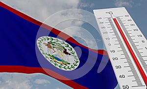 Heat wave in Belize, Thermometer in front of flag Belize and sky background, heatwave in Belize, Danger extreme heat in Belize, 3D