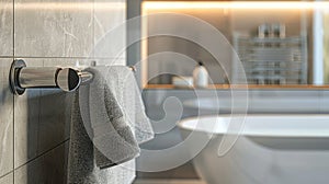 Heated Rail with gray Towels in Bathroom. Modern towel rail on wall in a serene bathroom setting.
