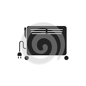 Heater black glyph icon. Heats the room, can be moved thanks to the wheels. Pictogram for web page, mobile app, promo. UI UX GUI