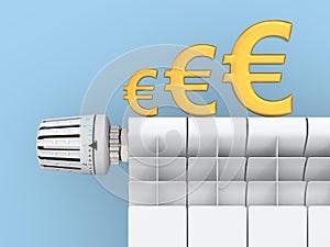 Heater thermostat and radiator in empty room. 3D illustration