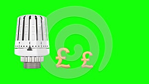 Heater thermostat and symbol british pound on green background. Isolated 3D render