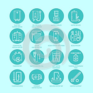 Heater, water boiler, thermostat, electric, gas, solar heaters and other house heating equipment line icons. Thin linear