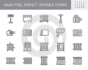 Heaters line icons. Vector illustration include icon - electric fireplace, pellet stove, thermostat, convector radiator