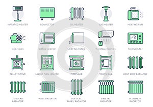 Heaters line icons. Vector illustration include icon - electric fireplace, pellet stove, thermostat, convector radiator