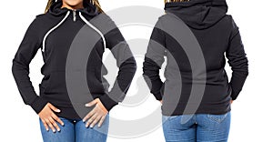 Heather black long sleeve t-shirt on a young afro american woman in shorts, front and back, , mockup. Black hood mock up